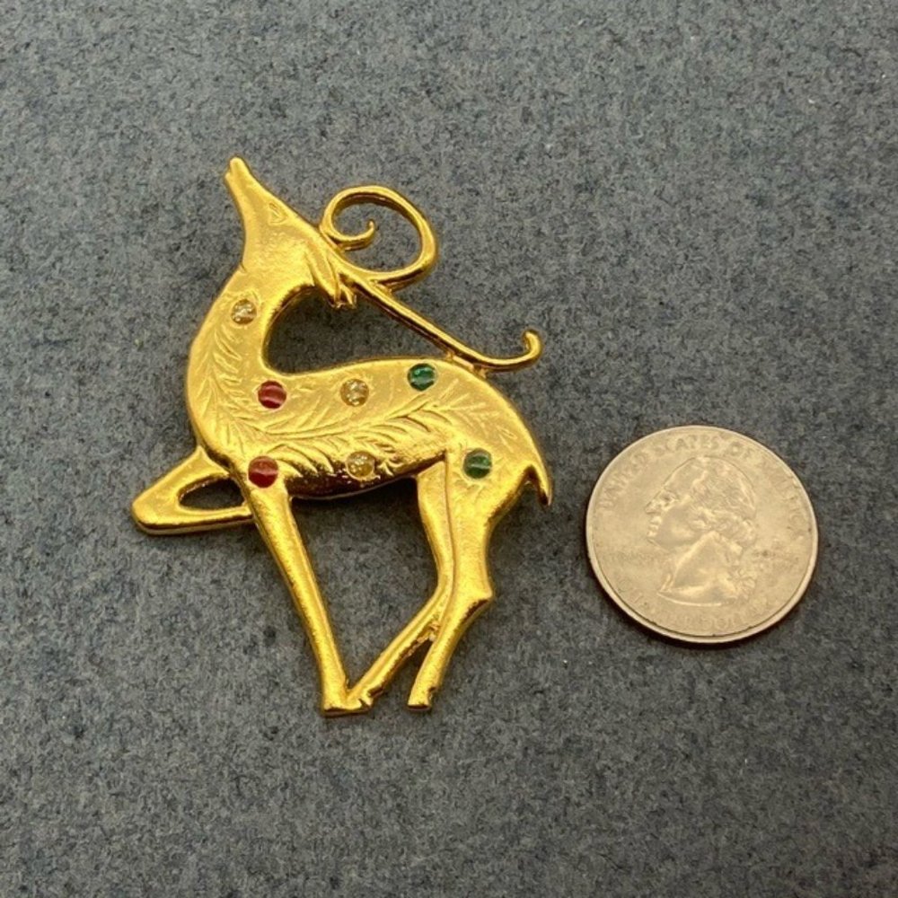 Christmas Pin Brooch Graceful Gold Reindeer Art Deco Rhinestone Red Green
